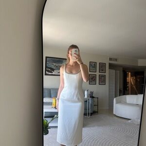 Mac Duggal Scoop Neck White Midi Slip Dress